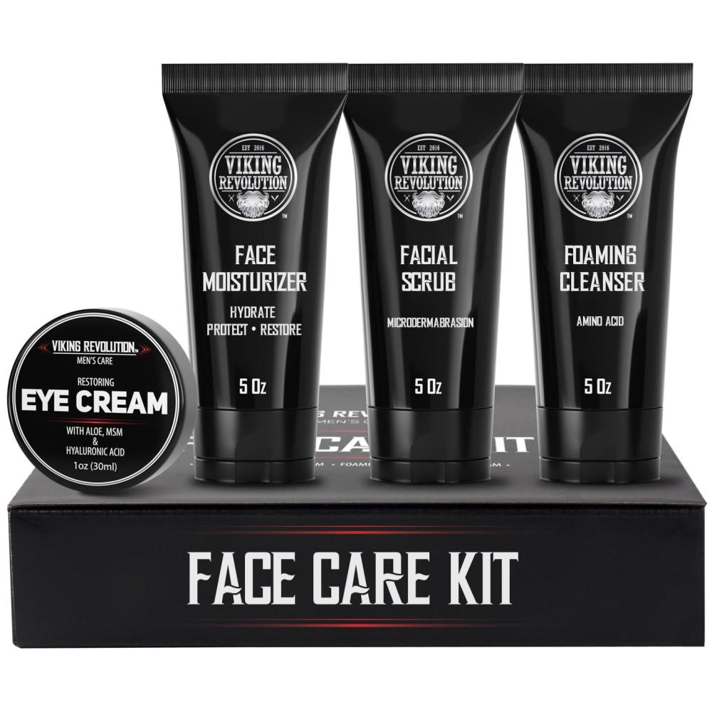image:imageViking Revolution Mens Facial Skin Care Kit Includes Rejuvenating Face Moisturizer Microdermabrasion Facial Scrub Foaming Cleanser 5oz Each and Eye Cream 1oz