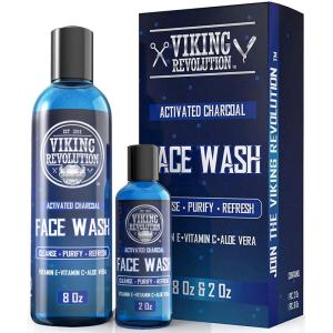 Viking Revolution Charcoal Face Wash for Men- Scrub Away Dirt and Toxins, Skin Cleaning Agent – Cleanse, Purify and Refresh – Daily Charcoal Facial Cleanser – 8 Fl Oz plus a 2 Fl Oz, 2 Piece Set