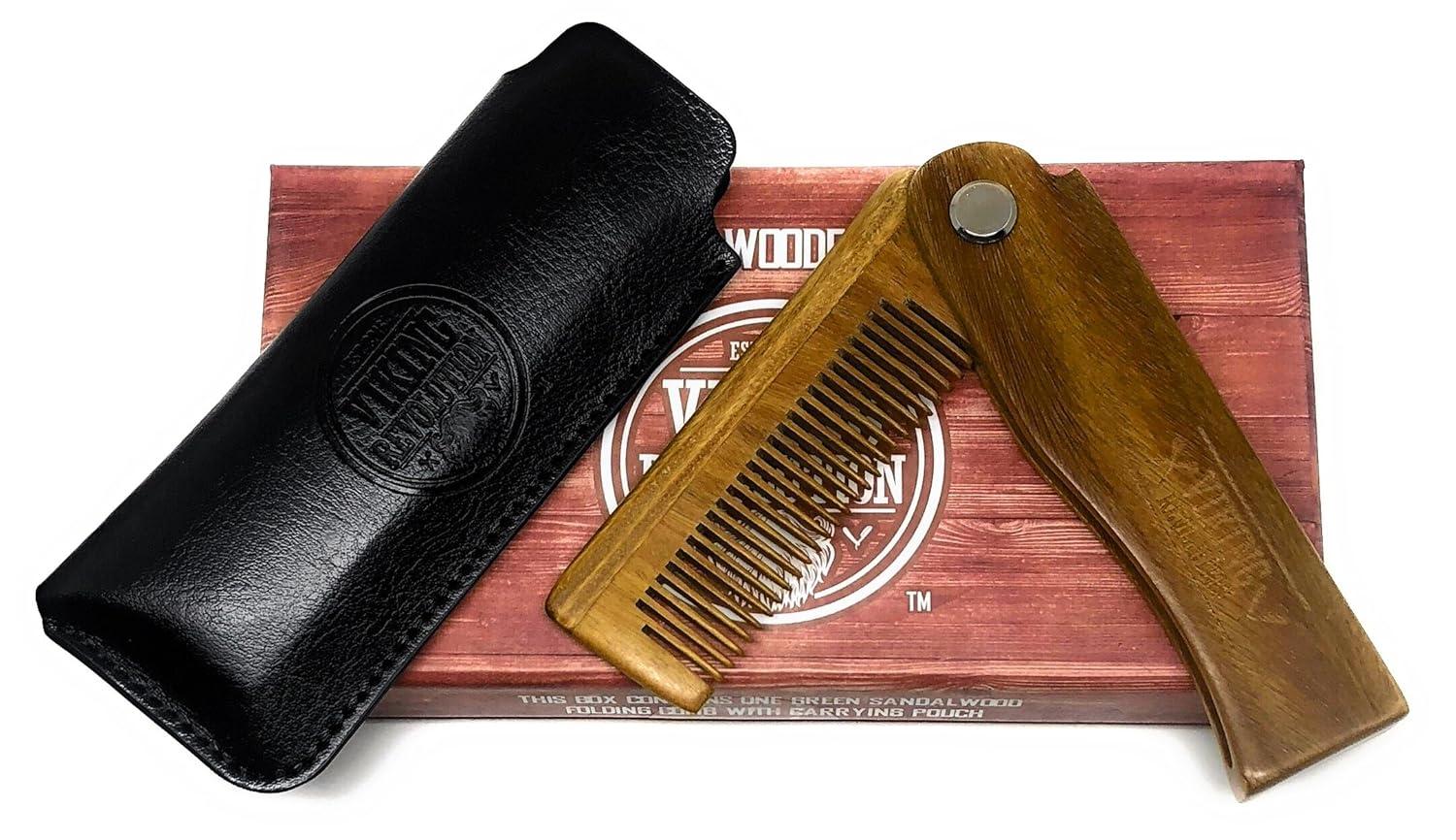 image:imageFolding Beard Comb wCarrying Pouch for Men All Natural Wooden Beard Comb wGift Box Green Sandalwood Comb for Grooming amp Combing Hair Beards and Mustaches by Viking Revolution