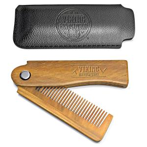 Folding Beard Comb w/Carrying Pouch for Men – All Natural Wooden Beard Comb w/Gift Box – Green Sandalwood Comb for Grooming & Combing Hair, Beards and Mustaches by Viking Revolution
