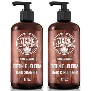 Viking Revolution Sandalwood Shampoo and Conditioner Set with Biotin and Jojoba Oil – Natural Hair Shampoo and Hair Conditioner for Men with Vitamin B5 (17 Oz)(Shampoo and Conditioner)
